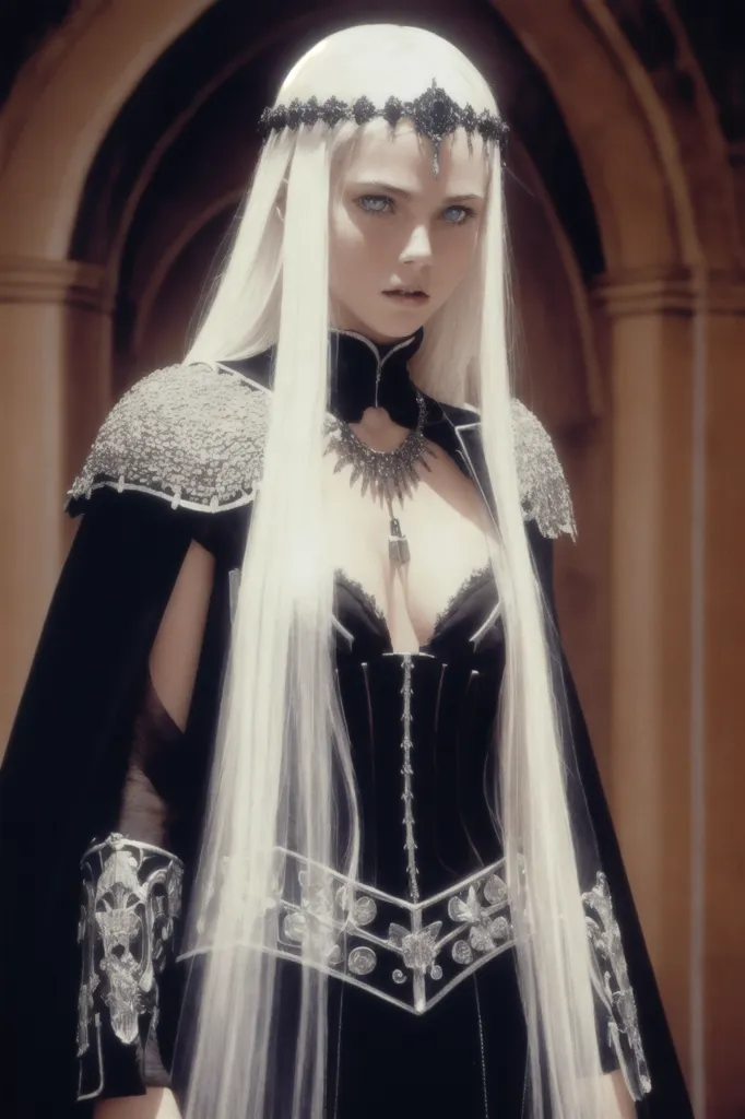 The image is of a woman with very long white hair. She is wearing a black dress with silver and grey details. She is also wearing a silver necklace and a headpiece. The woman is standing in a dark room with stone columns.