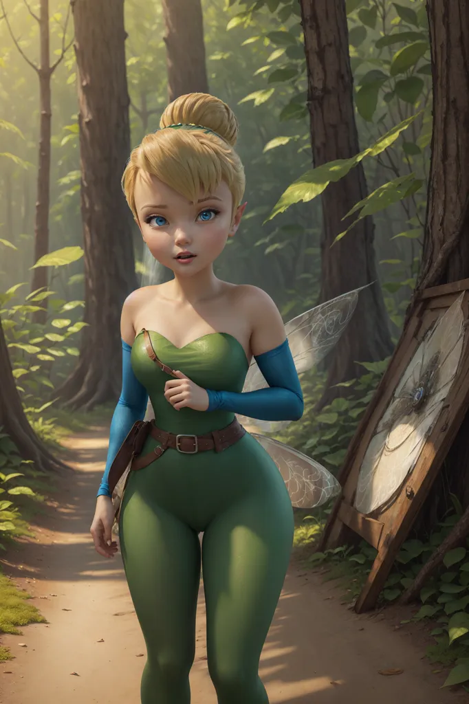 The image is of a 3D rendering of Tinkerbell from the Disney movie. She is standing in a forest, wearing a green outfit with a brown belt and blue sleeves. Her wings are a light blue color, and she has a yellow bun in her hair. She is looking at the camera with a curious expression on her face.