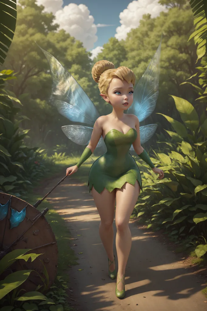 The image is of a fairy with long blond hair, blue eyes, and green wings. She is wearing a green dress and is walking down a path in the forest. She is carrying a large leaf as an umbrella. The fairy is surrounded by green plants and flowers.