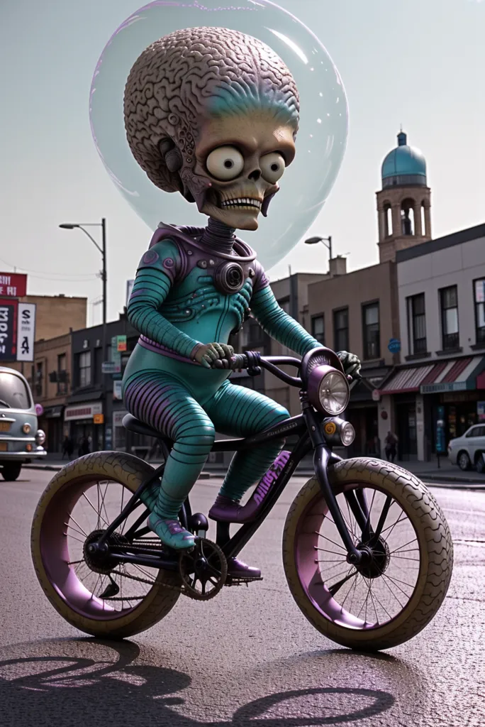 The image shows an alien riding a bicycle down a city street. The alien is wearing a purple and green jumpsuit and has a large head with a brain exposed. The bicycle is black and has purple wheels. The alien is riding in the middle of the street with cars parked on either side. There are buildings on both sides of the street and a blue sky with clouds overhead.