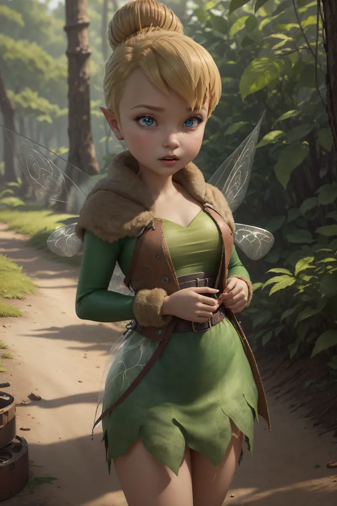 La imagen muestra un renderizado 3D de Campanilla del película de Disney "Peter Pan". Ella está de pie en un bosque, con un vestido verde, un cinturón marrón y un cuello de piel blanca. También tiene botas marrones y alas hechas de hojas. Ella mira al espectador con una expresión ligeramente triste en su rostro.