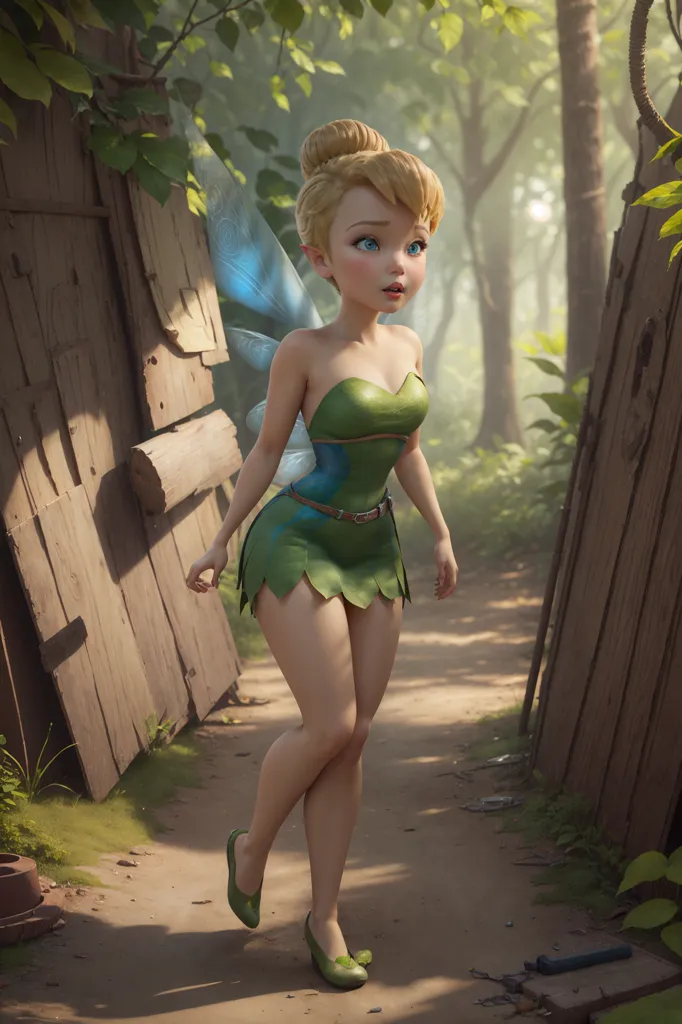 A imagem mostra uma renderização 3D da Sininho do filme da Disney "Peter Pan". Ela está em pé em um cenário de floresta, usando um vestido verde e asas de fada azuis. Ela tem cabelos loiros e olhos azuis, e está descalça. Ela olha para a câmera com uma expressão curiosa no rosto. O fundo está desfocado e consiste em árvores e folhas.