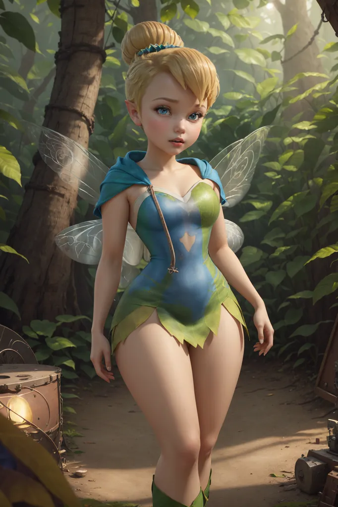 The image is of a 3D rendering of Tinkerbell from the Disney movie "Peter Pan". She is standing in a forest, wearing a blue and green outfit with a brown belt. Her wings are a light blue color, and she has a small blue hat on her head. She is looking at the viewer with a curious expression on her face.