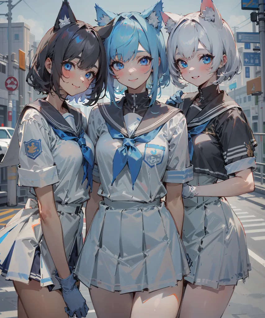 The image is of three young women, all with cat ears and tails. They are wearing matching white and blue sailor-style outfits. The woman in the middle has blue hair and blue eyes, the woman on the left has brown hair and blue eyes, and the woman on the right has white hair and blue eyes. They are all smiling and standing close together. In the background, there is a blurred cityscape with tall buildings and a blue sky.