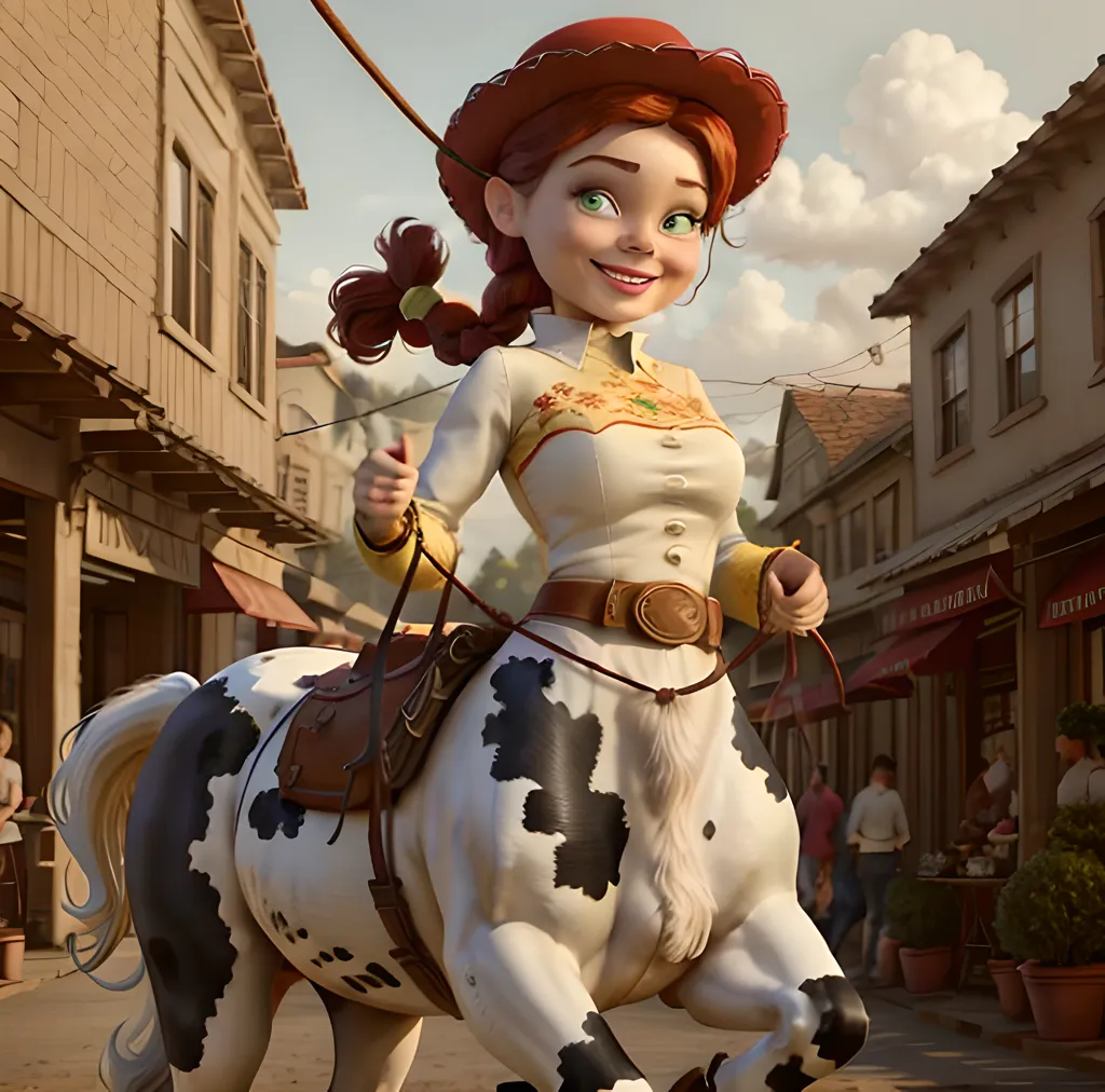 The image shows a centauress, half woman and half horse. She has long red hair, green eyes, and is wearing a red hat, a white shirt, and a brown belt with a large belt buckle. She is also wearing a saddle and has a lasso in her hand. She is standing in a town, with buildings on either side of her. The buildings are made of wood and have large windows and doors. There are people walking around in the town, and they are all dressed in different ways. The centauress is smiling and looks happy.