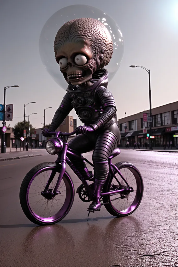 The image shows a Martian riding a bicycle down a city street. The Martian is wearing a silver and purple spacesuit with a clear bubble helmet. The bicycle is also purple and has a purple wheel. The Martian is riding in the middle of the street, and there are cars parked on either side. There are also people walking on the sidewalk. The Martian is looking straight ahead.