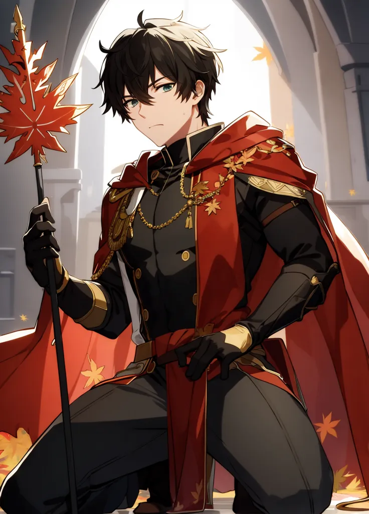 This is an image of a young man with short black hair and green eyes. He is wearing a black military-style uniform with red and gold trim. He is also wearing a red cape with a maple leaf design on the back. He is holding a staff with a maple leaf-shaped top. He is kneeling on one knee. There is a building with stone columns behind him.