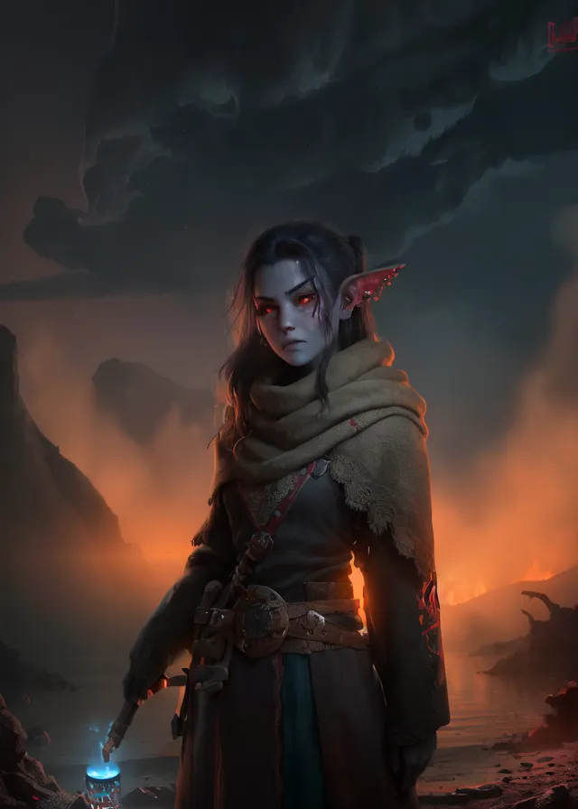 The picture shows a dark elf woman standing in a stormy landscape. She is wearing a brown cloak and a red scarf. Her eyes are glowing red and she has a determined expression on her face. In her right hand, she is holding a strange glowing blue crystal.