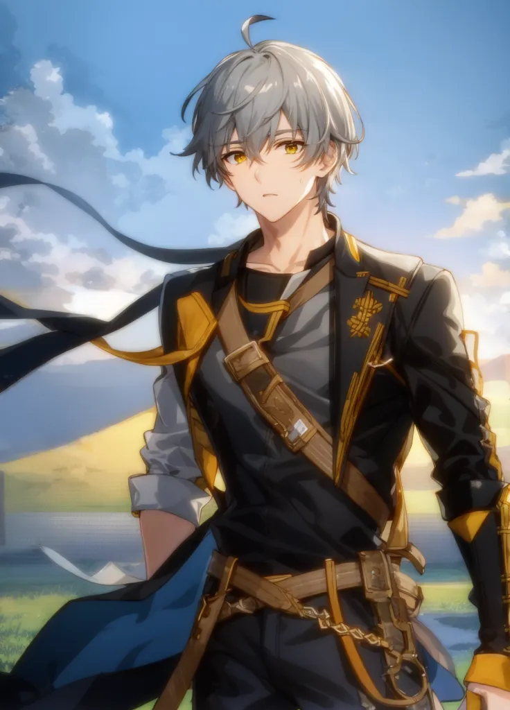 This is an image of a young man with gray hair and yellow eyes. He is wearing a black shirt with a gray vest and brown belts. He has a blue scarf around his neck and is looking to the left with a serious expression on his face. He appears to be in a field with a river and mountains in the background.