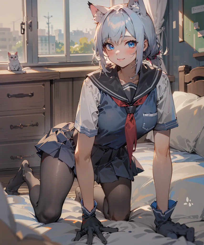 The image depicts a young woman with cat ears kneeling on a bed. She has blue eyes and white hair tied in a ponytail. She is wearing a white and blue sailor-style outfit with a red tie. The outfit consists of a short-sleeved shirt and a pleated skirt. She is also wearing black gloves and black stockings. There is a cat sitting on a cabinet in the background.