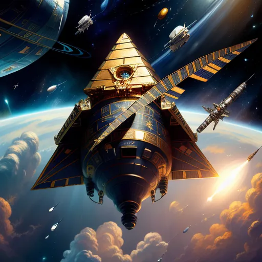 The image shows a large, golden pyramid-shaped spaceship flying in space. The spaceship has a glowing eye on its front and is surrounded by smaller, satellite-like ships. In the background, there is a planet with a blue atmosphere and clouds.