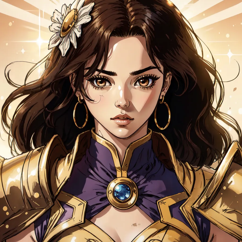 This is an image of a beautiful young woman with long brown hair and brown eyes. She is wearing a golden armor and a purple sash. There is a white flower in her hair and golden hoop earrings. She has a determined expression on her face. The background is a bright light.