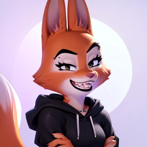 The image is of a cartoon fox character. She has orange fur, green eyes, and a black nose. She is wearing a black hoodie with a white zipper. The fox is standing with her arms crossed and has a confident expression on her face. She has a sly expression on her face and looks like she is about to cause trouble.