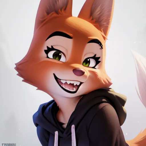 The image is a 3D rendering of a cartoon fox character. The fox is wearing a black hoodie and has green eyes and a sly expression on its face. The fox's fur is orange and white, and the inside of its ears are pink. The fox is looking at the viewer with a curious expression.