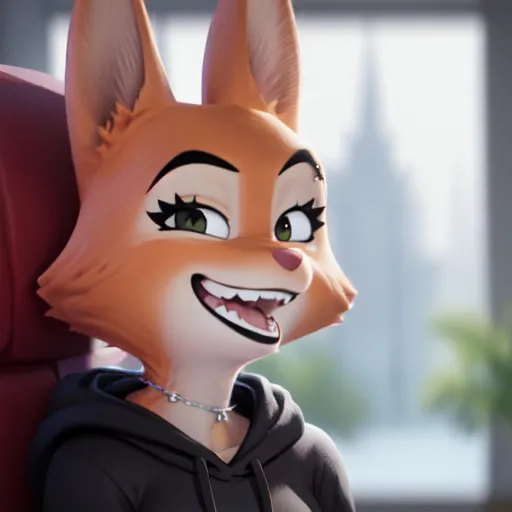 This is an image of a 3D animated fox character. She has orange fur, green eyes, and a black nose. She is wearing a black hoodie and has a silver necklace around her neck. She is sitting in a chair and has a confident smile on her face. The background is blurred, but it looks like she is in an office building.