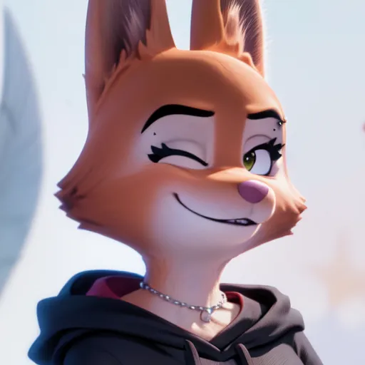 This is an image of a 3D animated fox character. She has orange fur, green eyes, and a black nose. She is wearing a black hoodie. She has a sly expression on her face and is winking at the viewer.