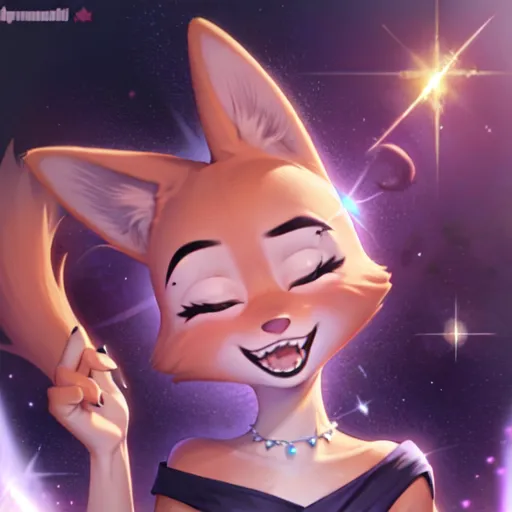 The image shows a cartoon fox with orange fur and blue eyes. She is smiling and has her eyes closed. She is wearing a black dress with a sweetheart neckline and a diamond necklace. Her ears are perked up and she has a fluffy tail. The background is a starry night sky with a bright light in the upper right corner.