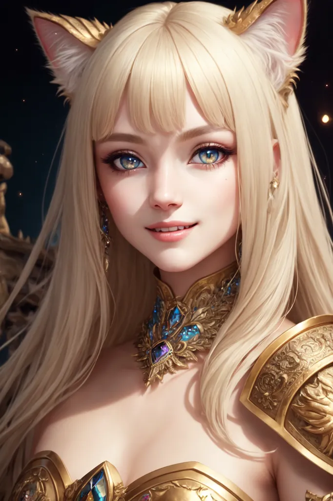 The image is a depiction of a beautiful young woman with long, flowing blonde hair and golden eyes. She has cat ears and is wearing a golden breastplate with a blue gem in the center. She is also wearing a necklace with a large blue gem in the center and several smaller gems surrounding it. Her expression is one of happiness and contentment. The background is a dark blue with a few stars sprinkled around.