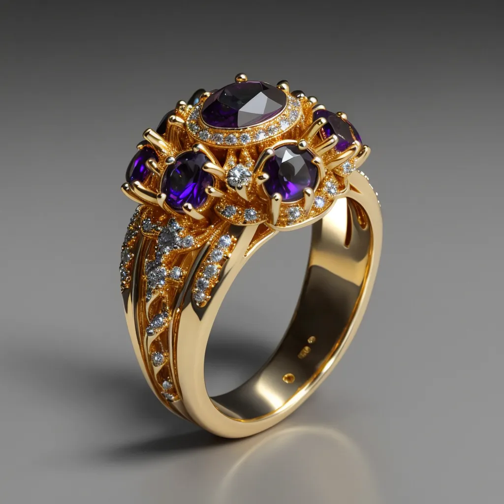 The image shows a gold ring with purple gemstones. The ring has a floral design, with five purple gemstones in the center, surrounded by a halo of diamonds. The band of the ring is made of yellow gold and is decorated with intricate engravings.