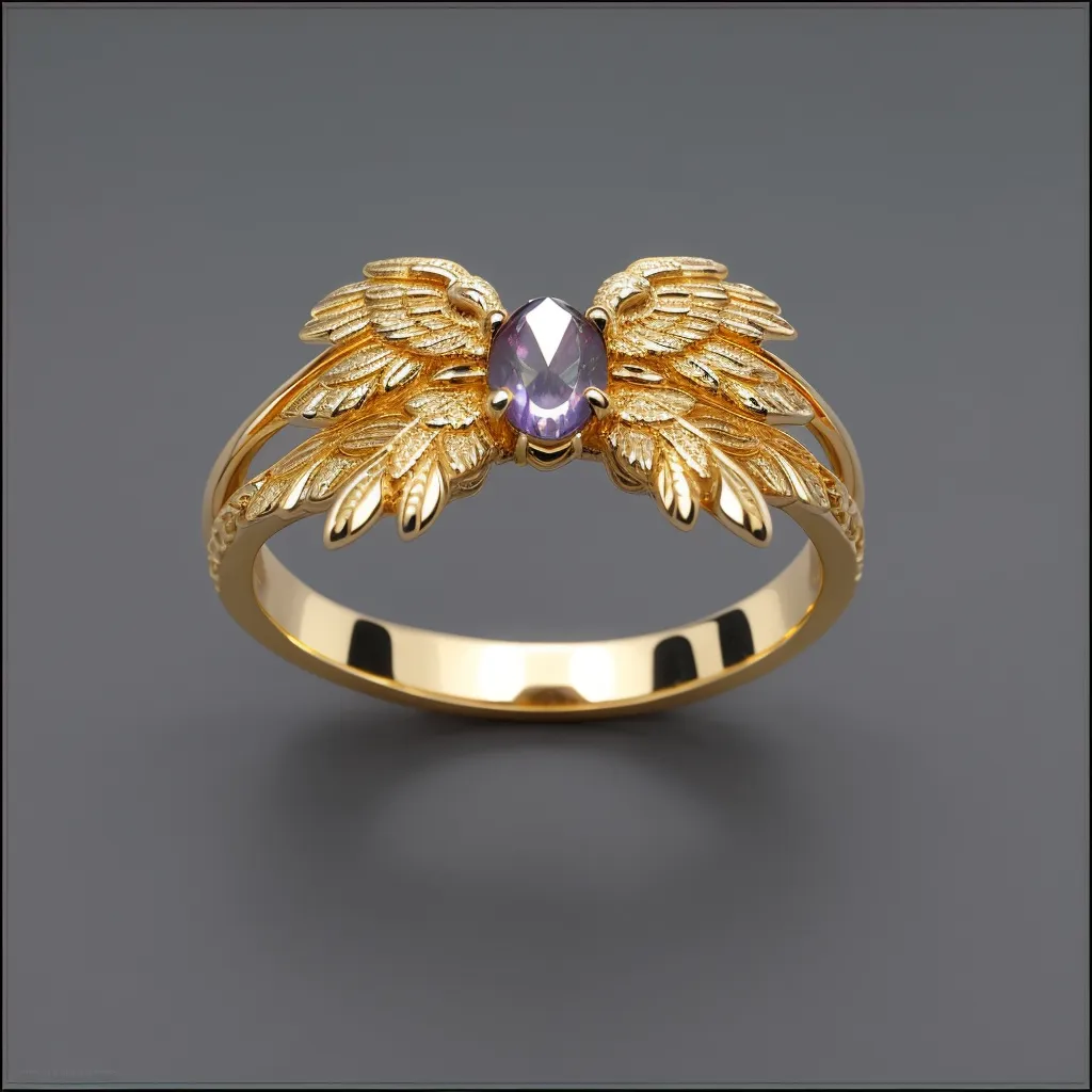 The image shows a gold ring with a purple gemstone in the center. The gemstone is oval-shaped and has a beautiful shine. The ring is decorated with intricate angel wing designs on both sides of the gemstone. The wings are detailed with delicate feathers and have a three-dimensional look. The ring is made of yellow gold and has a smooth, polished finish.