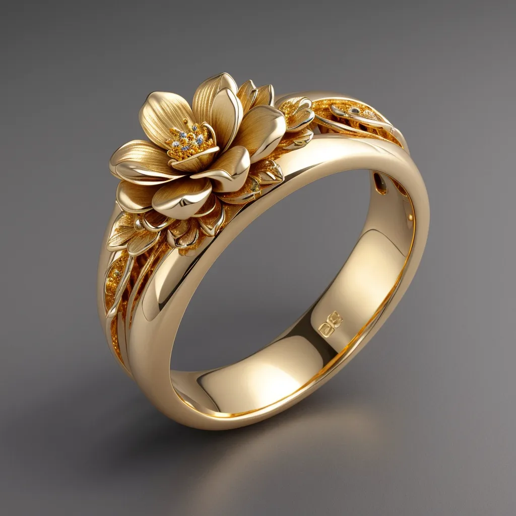 The image shows a gold ring with a flower-shaped setting. The flower has five petals, each with a small diamond in the center. The petals are surrounded by a ring of leaves. The ring is made of yellow gold and has a shiny finish.