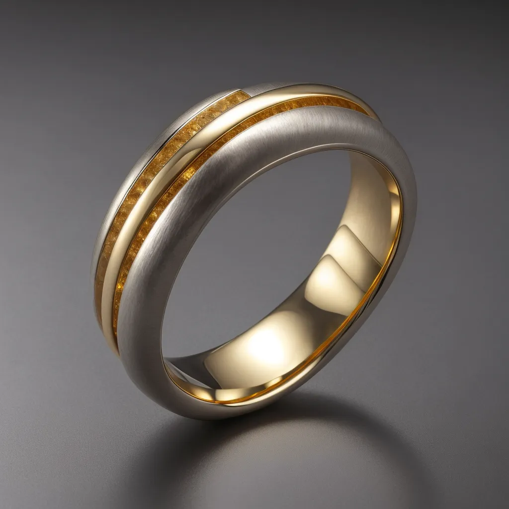 La imagen es de un anillo de boda hecho de dos metales. La capa exterior está hecha de oro blanco y tiene un acabado cepillado. La capa interior está hecha de oro amarillo y tiene un acabado pulido. Las dos capas están separadas por una delgada franja de platino. El anillo se muestra sobre un fondo gris oscuro.