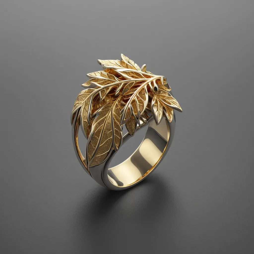 Gambar ini menunjukkan sebuah cincin emas dengan desain daun. Cincin ini terbuat dari emas kuning dan memiliki permukaan yang mengkilap. Daun-daun tersusun dalam sebuah kelompok di bagian atas cincin. Daun-daun tersebut memiliki detail urat-urat dan permukaan yang bertekstur. Cincin ini elegan dan akan sempurna untuk acara spesial.