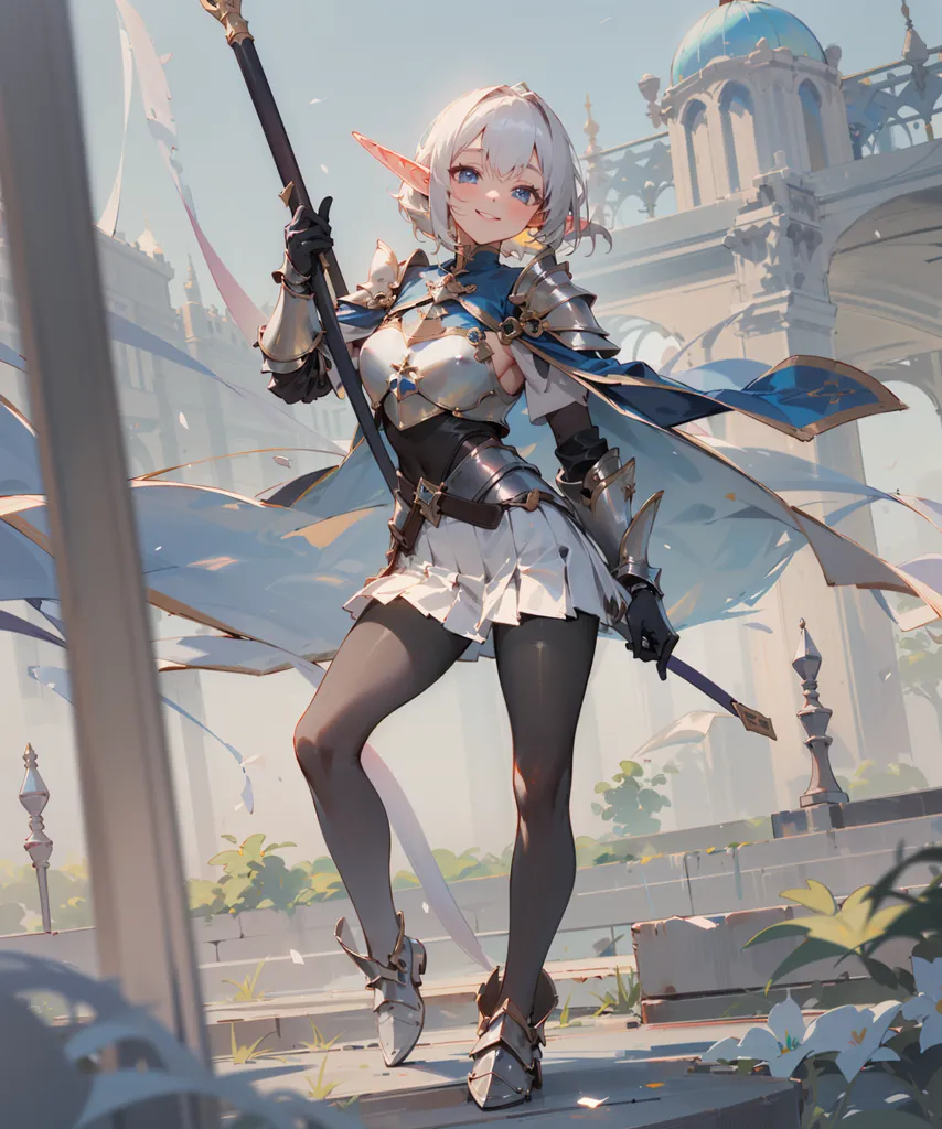 The image is of an anime-style elf girl with long white hair and blue eyes. She is wearing a white and blue outfit with silver armor. She is also carrying a large spear. The girl is standing in a courtyard surrounded by buildings. There are trees and flowers in the background. The girl has a confident smile on her face and looks ready for battle.