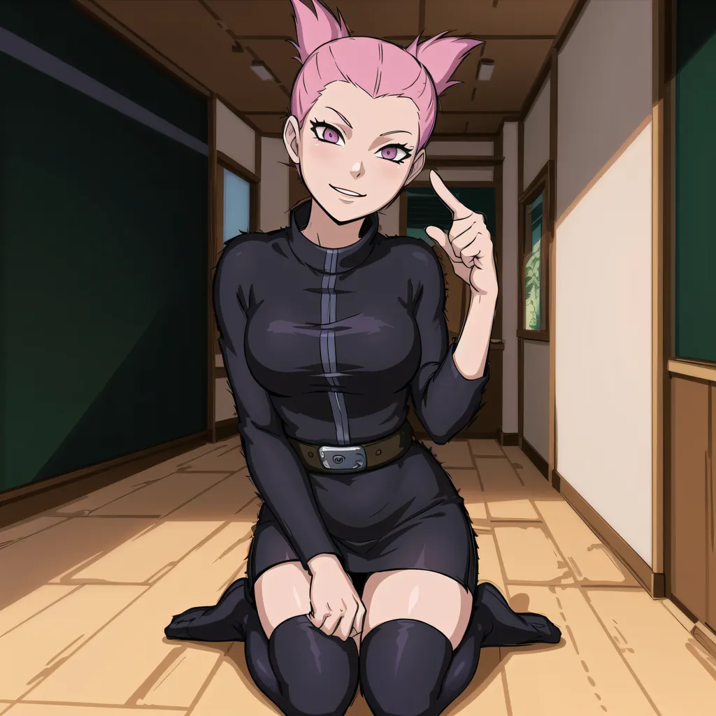 The image is of a young woman with pink hair and purple eyes. She is wearing a black dress with a white collar and a black belt. She is kneeling on the ground with her right hand on her knee and her left hand pointing up. She has a confident smile on her face. The background is a hallway with wooden walls and a green chalkboard.