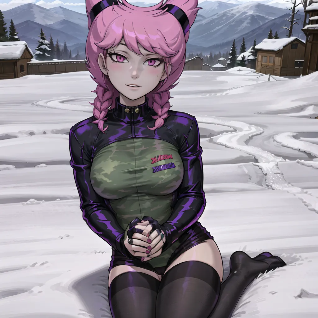 The image depicts a young woman with pink hair and purple eyes. She is wearing a black and purple outfit with a green and black camouflage pattern. She is kneeling in the snow with her hands clasped in front of her. In the background, there are snow-covered mountains and a few houses.