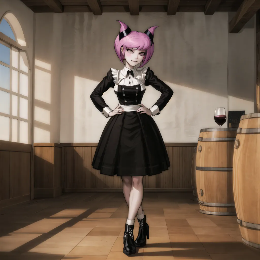 The image is of a young woman with pink hair and cat ears, dressed in a black and white maid outfit. She is standing in a room with wooden barrels and a wine glass on one of the barrels. The room is lit by a single window. The woman has her hands on her hips and is looking at the viewer with a confident expression.