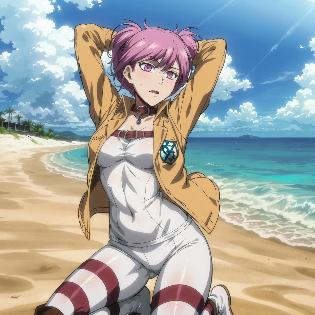 The image shows a young woman with pink hair and purple eyes. She is wearing a white bodysuit with a brown jacket and red and white striped socks. She is kneeling on the beach with her hands behind her head. The ocean is behind her and there are palm trees on the shore.