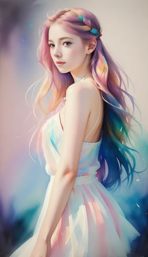 The image is a painting of a beautiful woman with long, flowing hair. The woman is wearing a white dress and has a gentle smile on her face. She is standing in front of a soft, out-of-focus background. The painting is done in a realistic style and the colors are vibrant and lifelike. The woman's hair is a particularly striking feature of the painting, as it is both long and colorful. It is unclear what the woman is doing, but she appears to be lost in thought. The painting is a beautiful and serene work of art that would be a welcome addition to any home or office.