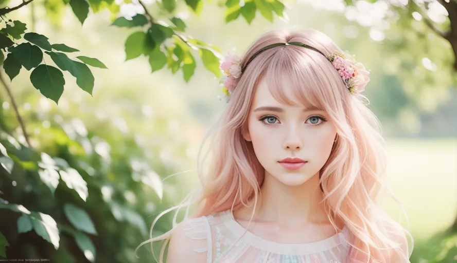 The image shows a young woman with pink hair and blue eyes. She is wearing a white dress with a pink sash and a pink headband with flowers on it. She is standing in a forest, and there are green leaves all around her. The background is blurred, and it looks like there is a river in the distance.