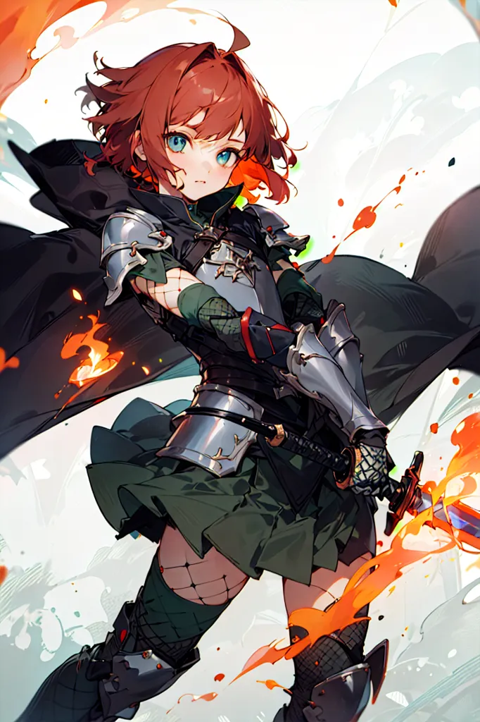 This image shows a young woman with red hair and blue eyes. She is wearing a green skirt and a metal breastplate. She is also wearing a black cape and a pair of black boots. She is holding a sword in her right hand. There is a red and orange glow around her.