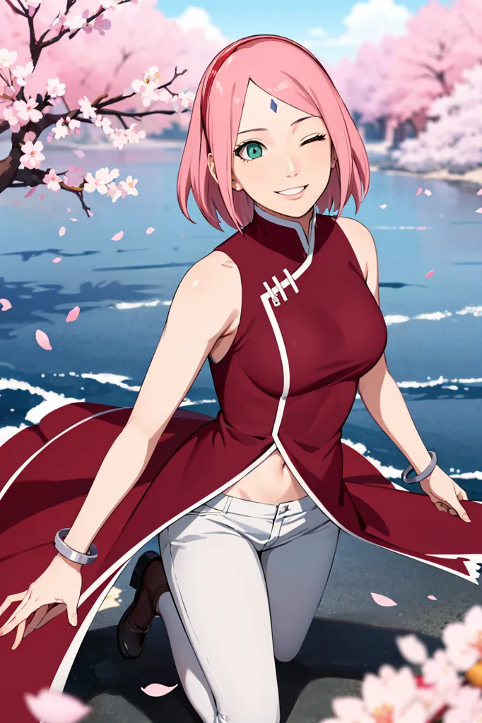 The image is of a young woman with pink hair and green eyes. She is wearing a red sleeveless cheongsam-style dress with white pants and brown boots. She has a kunai pouch strapped to her right leg. She is standing in a forest of cherry blossom trees, and there is a river in the background. She has a bright smile on her face and is winking her left eye.