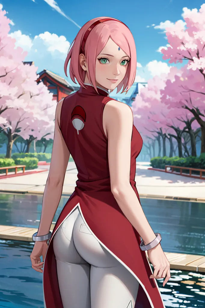 The image is of a young woman with pink hair and green eyes. She is wearing a red sleeveless dress with a high collar and white pants. The dress has a stylized leaf symbol on the back. She is standing on a stone bridge in a park. There is a large pink tree in the background. The sky is blue and there are some small clouds in the sky.