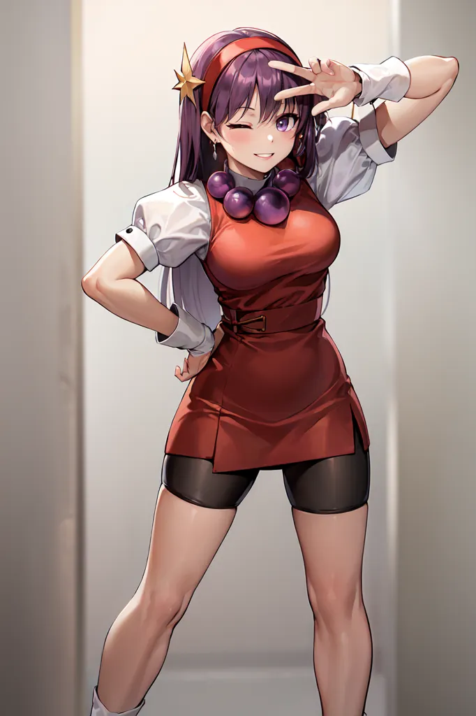 The image shows a young woman with purple hair and purple eyes. She is wearing a red dress with a white collar and black shorts. She is also wearing white socks and black shoes. She has a confident smile on her face and is making a peace sign with her right hand. She has a beauty mark under her left eye.