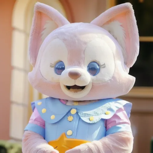 Ceci est une image d'un personnage costumé dans un parc à thème. Le personnage est un renard rose et blanc aux yeux bleus et au nez jaune. Il porte une robe bleue et blanche avec un col rose. Le personnage se tient devant un fond rose et blanc avec un bâtiment en arrière-plan.