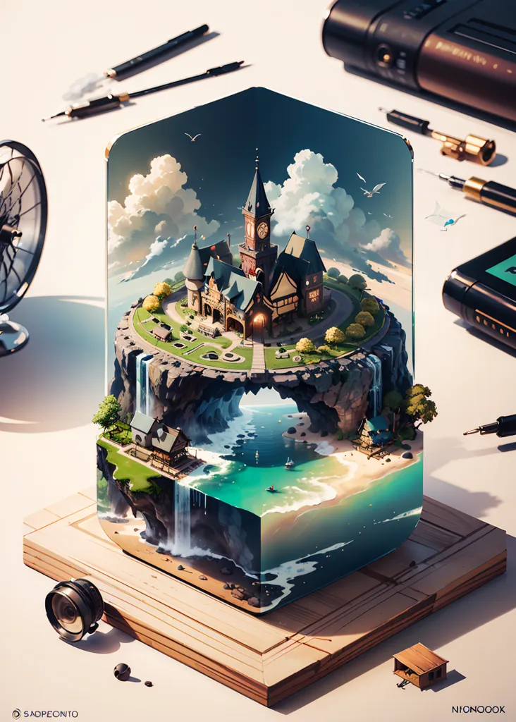 La imagen es una representación en 3D de un mundo de fantasía. Muestra una isla flotante con una torre del reloj, rodeada de nubes y agua. Hay dos casas en la isla, una en la parte superior y otra cerca del agua. Hay una cascada que cae desde la isla al agua de abajo. La isla está rodeada por una vitrina de cristal y hay algunas herramientas y una cámara sobre la mesa junto a ella.