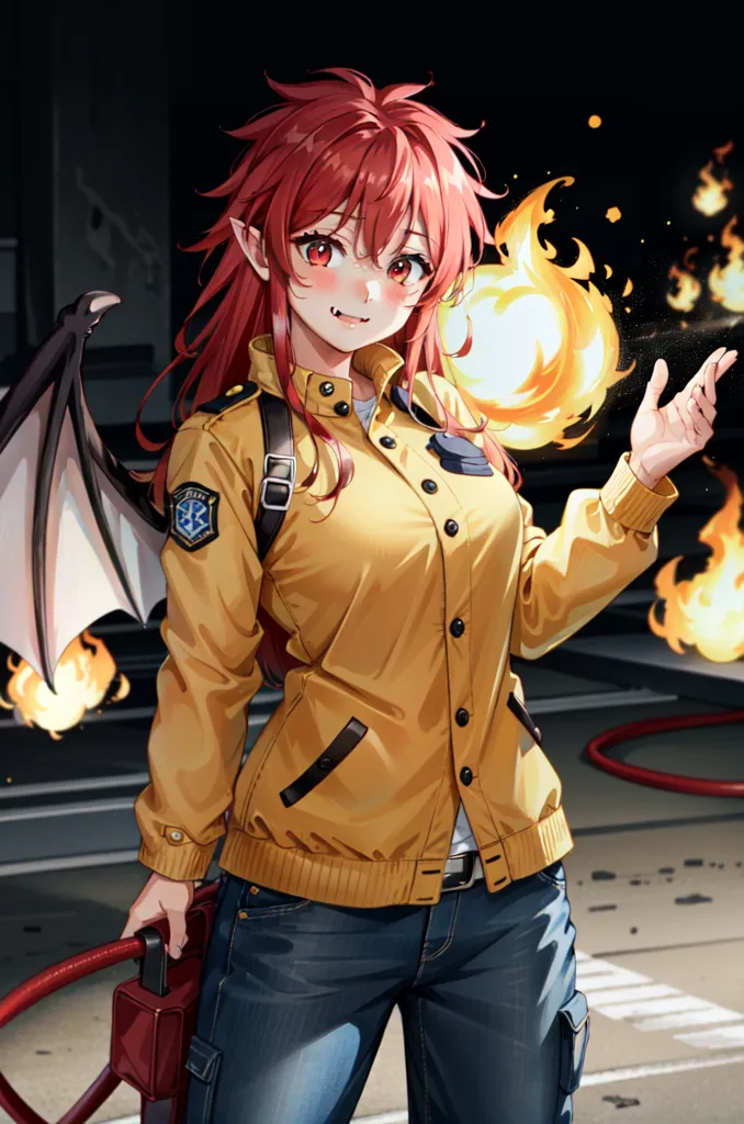 Esta es una ilustración de estilo anime de una mujer joven vestida con un uniforme de bombero amarillo y negro. Tiene el cabello y los ojos rojos, y cuernos y alas de diablo. Está sonriendo y sosteniendo una manguera de incendios en su mano derecha, y hay llamas de fondo.