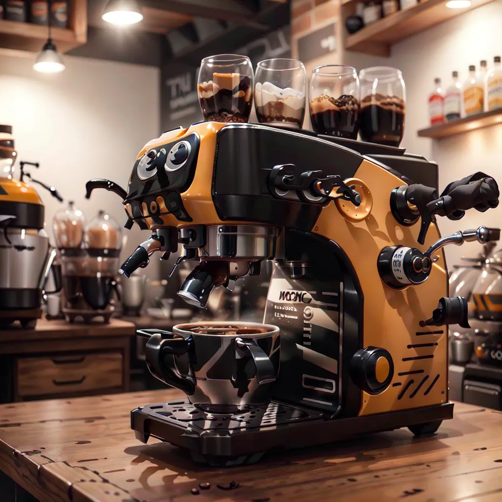 La imagen muestra una cafetera de color amarillo y negro. Tiene un diseño futurista y parece que podría ser de una película. La cafetera está colocada sobre una mesa de madera. Hay tazas y platillos de café sobre la mesa. Hay un estante de madera en la pared detrás de la cafetera. En el estante hay varios implementos y suministros para hacer café. La cafetera está encendida y sale vapor de ella. La imagen es muy detallada y realista.