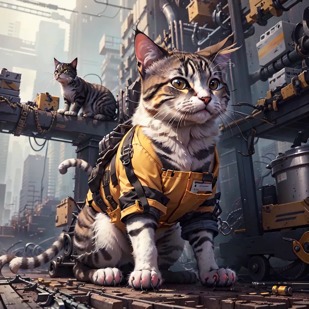 A cat wearing a yellow jacket with black straps is sitting on a metal platform in a post-apocalyptic city. The cat is looking at the camera with a curious expression. There is another cat on a higher platform in the background. The background is a blur of metal structures and buildings.