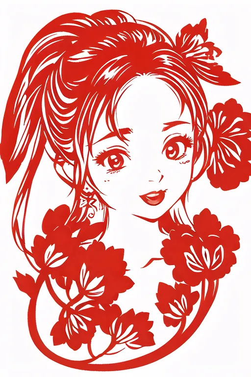 This is a picture of a girl with long hair. She has a flower in her hair and is wearing a traditional Chinese dress. The background is white and the image is red. The image is in a traditional Chinese style and is likely a paper cutting.