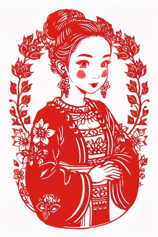 This is a picture of a Tang Dynasty woman. The picture is red and white. The woman is wearing a red dress with a white collar. She has a red flower in her hair. She is holding a red fan. There are flowers and leaves around her.