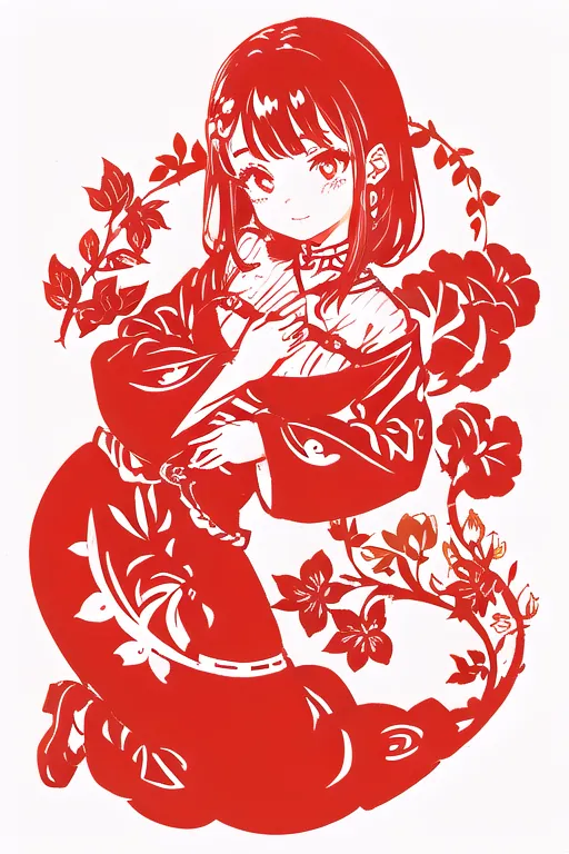 The image shows a girl in a red cheongsam with red flowers and vines around her. The girl has brown hair and red eyes, and she is smiling. The cheongsam has white trim and white buttons. The girl is standing on a white pedestal with a red background. The image is drawn in a traditional Chinese style.