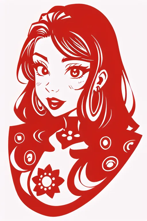 Esta es una ilustración vectorial del rostro de una mujer joven. La imagen está en rojo y blanco. La mujer tiene el cabello largo y ondulado, y lleva un vestido tradicional chino. Tiene una expresión serena en el rostro. La imagen probablemente sea una representación de una diosa o espíritu chino.