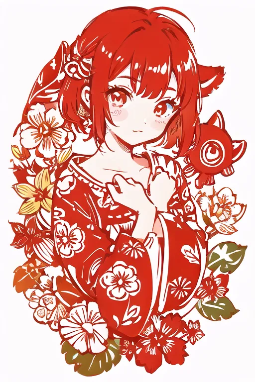 Gambar ini adalah gambar digital seorang gadis muda dengan rambut merah panjang dan telinga rubah. Dia mengenakan kimono merah dengan motif bunga putih dan kuning. Gadis itu dikelilingi oleh bunga-bunga merah dan putih. Gambar ini memiliki kualitas lembut dan seperti mimpi.