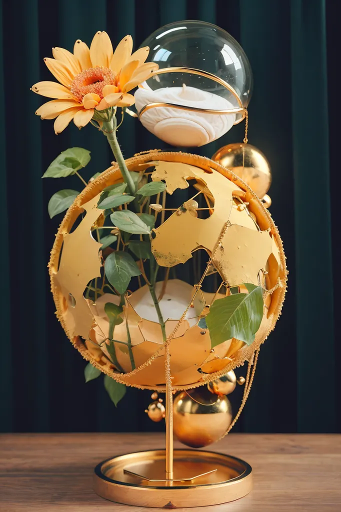 The image is a 3D rendering of a golden globe with a sunflower growing out of it. The globe is made of a golden metal and has a hole in the top where the sunflower is growing out. The sunflower is yellow with a brown center and green leaves. There is a glass dome over the sunflower. The globe is sitting on a golden stand. The background is a dark green curtain.