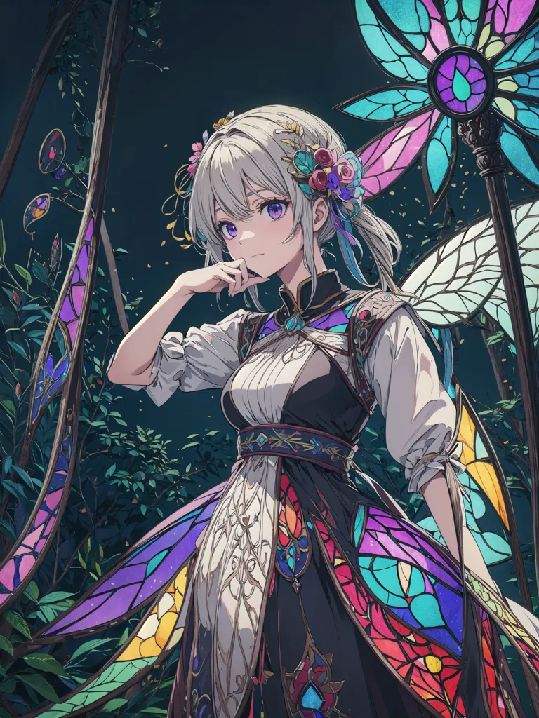 The image is a depiction of a young woman with white hair and purple eyes. She is wearing a white dress with a black corset and a colorful skirt that resembles a stained glass window. She also has butterfly wings made of the same stained glass material. The woman is standing in a dark forest, and she is looking at the viewer with a slightly sad expression on her face.